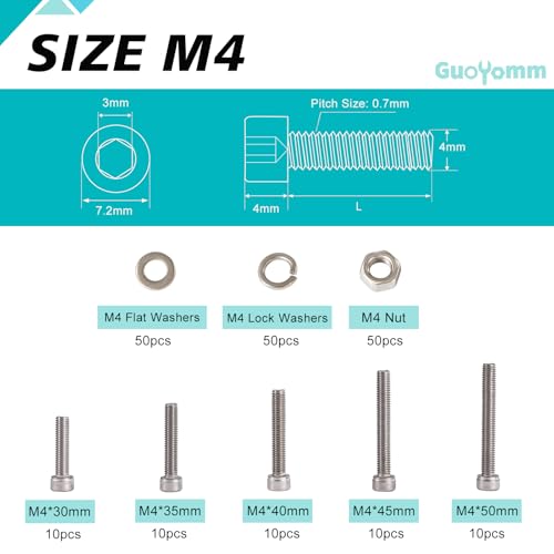 M4 Hex Socket Head Cap Screws Bolts Washers Nuts Assortment Kit - size: Socket M4x30/35/40/45/50 mm