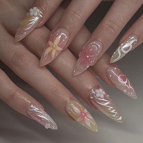 3D Handmade Spring & Summer Pink Press On Nails Almond Medium 24 Pcs, 3D Flowers Designer Reusable Acrylic Fake Nails with Glue, Party And Daily wear Nails for Women Gift - color: LF-3520, size: 24 Pieces (Pack of 1)