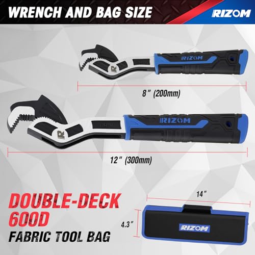Rizom Self Adjusting Wrench, 8” and 12” Pipe Wrench, 2-Piece Self Adjustable Wrench Set with 3/8 to 1-3/4 inch Jaw Open - color: Blue