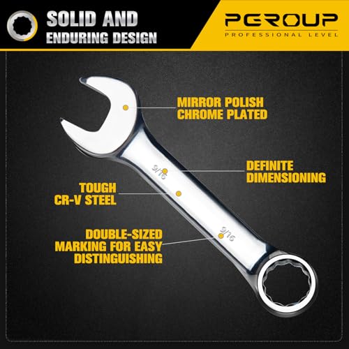 9/16" SAE Stubby Combination Wrench, CR-V Steel with Mirror Polish, 12-Point Design, 15-Degree Offset, Perfect for Auto Repair, Household, Car & Truck Emergency - size: 9/16"