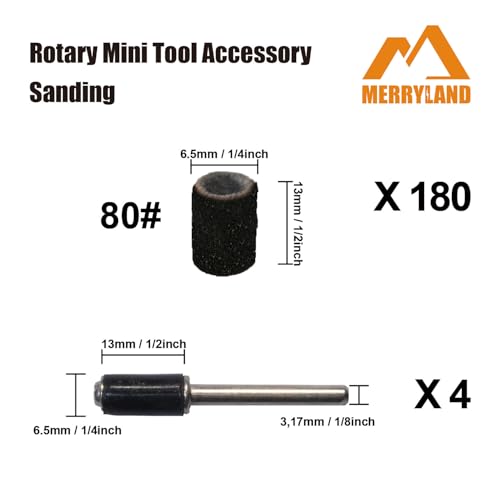 Merryland 184 Pack Sanding Drum 1/4 inch 80 Grit Drum Sander for Dremel - size: 80# 1/4" Sanding Band 184pcs