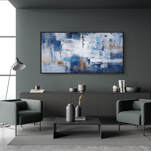 KLAKLA Navy Blue Abstract Canvas Wall Art - Black Frame Artwork Picture Living Room Wall Decor Modern Paintings Large Wall Art for Bedroom Home Decoration - color: Blue-White-Gray + Black frame, size: 48"L x 24"W
