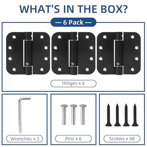 6 Pack Self Closing Door Hinges, 4 Inch Spring Loaded Hinges Adjustable Tension Spring Hinges with 5/8'' Radius Corners, Heavy-Duty Door Hardware for Commercial and Residential Doors, Matte Black