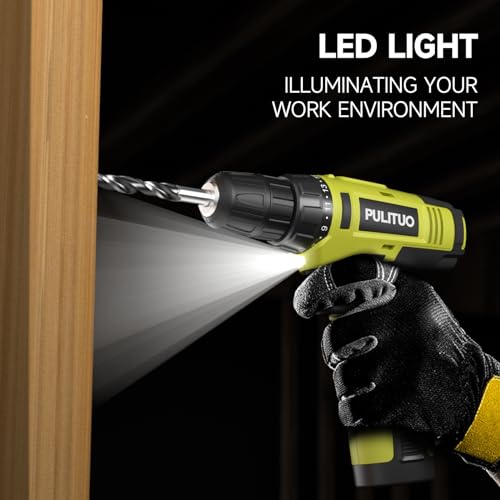 PULITUO 12V Green Cordless Drill Set Power Drill Kit with Battery and Charger,electric drill home improvement,3/8-Inch Keyless Chuck,Built-in LED,21+1 Torque Setting - style: 12v Drill (Green)