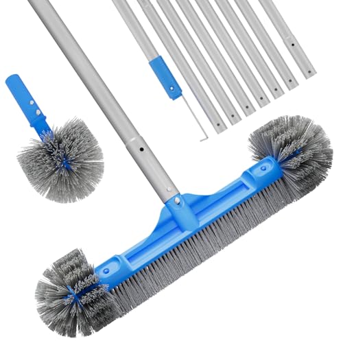 TidyMister Pool Brush with Pole - 20’’ 2-in-1 Detachable Round Brush with Extra Side Brush for Cleaning Hard-to-Reach Corners, 9 FT Aluminum Extended Pool Pole with Hidden Hook Retriever - size: 20 Inch