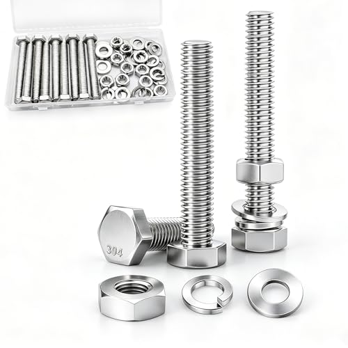 8 Sets 5/16-18 x 2-1/2" Stainless Steel Hex Head Screws Bolts, Flat, Nuts & Lock Washers,Hex Bolts 18-8(304) Full Thread - color: Silver, size: 5/16-18 x 2-1/2"（8 Sets）