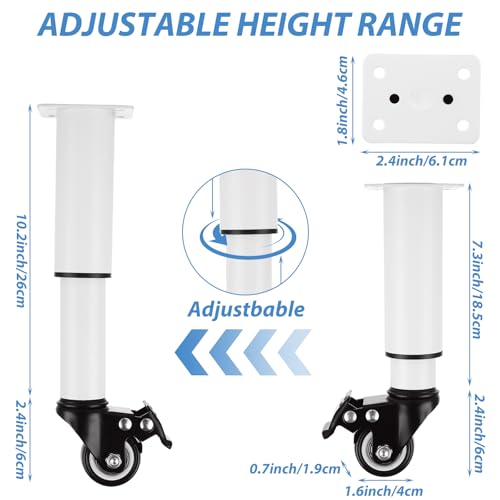 Set of 4 Metal Adjustable Furniture Legs with Wheels 7-12 Inch White Adjustable Table Legs with Casters Heavy Duty Bed Support with Brake Table Legs with Wheels for Cabinet Sofa Bed, 440LBS