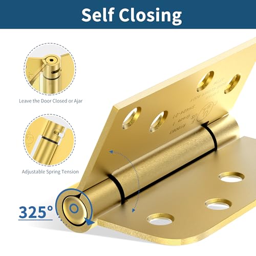 4 Inch Self Closing Door Hinges, Brushed Gold Spring Loaded Hinges 3 Pack - color: Brushed Gold, Square & 5/8" Radius, size: 4" 3 Pack