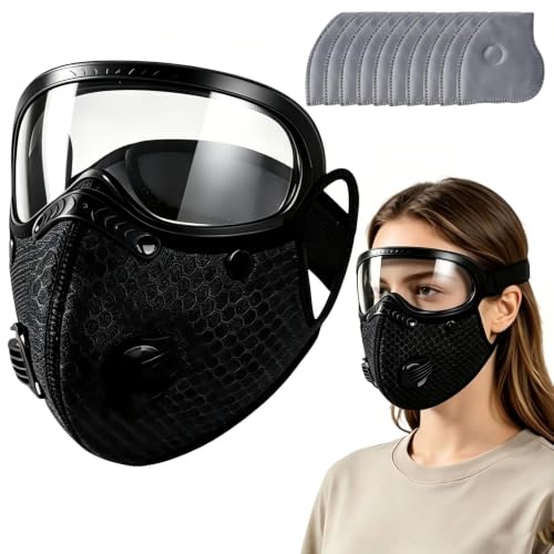 Detachable Protective Goggles Riding Mask,Reusable Carbon Filter Dust Mask with Adjustable Goggles,Windproof, dustproof, and Anti Droplet, All Season Universal Sports mask(Black)
