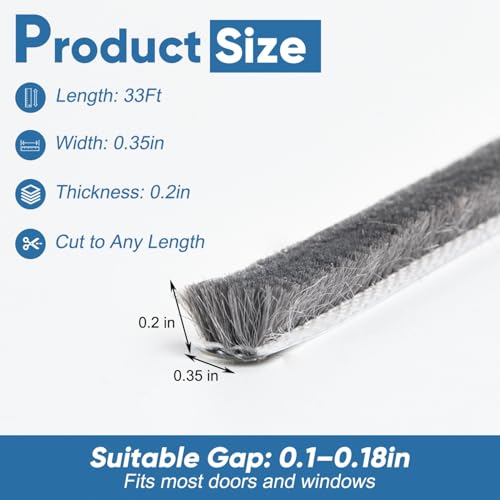 YoleShy 33 Ft Brush Weather Stripping Door Seal Strong Self-Adhesive Weather Stripping Window Seal Soundproofing Windproof Dustproof 0.35 in Wide x 0.2 in Thick, Grey - size: 0.35 x 0.2 inches