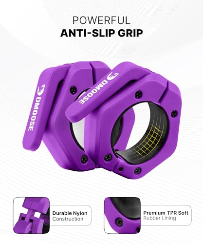 DMoose Fitness Barbell Clips 2 Inch (Pair) - Quick Release Olympic Barbell Clamps & Collars with Anti Slip TPR Grip for Secure Weightlifting and Powerlifting - Weight Clips for Bars at Home or Gym - color: Purple, style: Non Magnetic