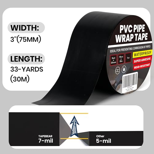 TAPEBEAR Corrosion Protection PVC Pipe Tape 3" x 33Yard 7mil Thick Black - size: 3Inch x 33Yard