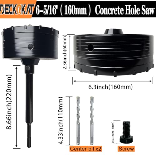 DECKRKAT 6-5/16" Concrete Hole Saw Kit,Electroplated Black Quenching Tech,Heavy-Duty Thickened Alloy Teeth,SDS Plus Shank & 2 Center Bits for Concrete,Brick,Stone. - size: (160mm)6-5/16"
