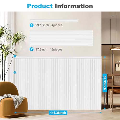 Art3d Beadboard Wainscoting Wall Panel Kit, 37.8 x 9.84 Inch, Matte White | 12-Piece Panels + 4 Edge Trims, 31 Sq.Ft. Coverage, Lightweight, Water-Resistant, Easy to Trim, for Living Room, Bedroom - color: Matte White