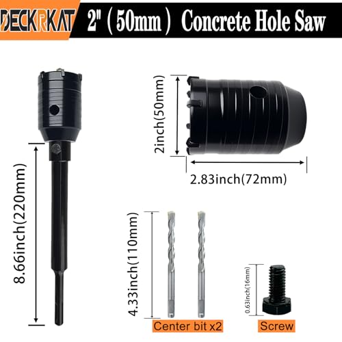 DECKRKAT 2" Concrete Hole Saw Kit,Electroplated Black Quenching Tech,Heavy-Duty Thickened Alloy Teeth,SDS Plus Shank & 2 Center Bits for Concrete,Brick,Stone. - size: (50mm)2"