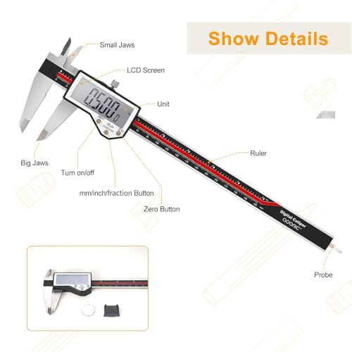 Digital Caliper, 8" Caliper Measuring Tool Extreme Accuracy Waterproof Electronic Vernier Caliper Industrial Stainless Steel Digital, Durable Measuring Tool with Large LCD Screen - color: Red Stainless Steel, size: 8"