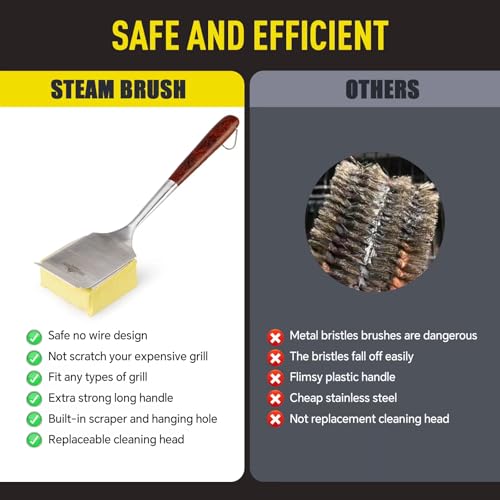 Bristle-Free Steam Cleaning Grill Brush — Features an Extended Luxurious Rosewood Handle and a Unique Wavy pad that Seamlessly fits cast Iron and Stainless Steel grates - color: Aramid Fiber Steam Grill Brush