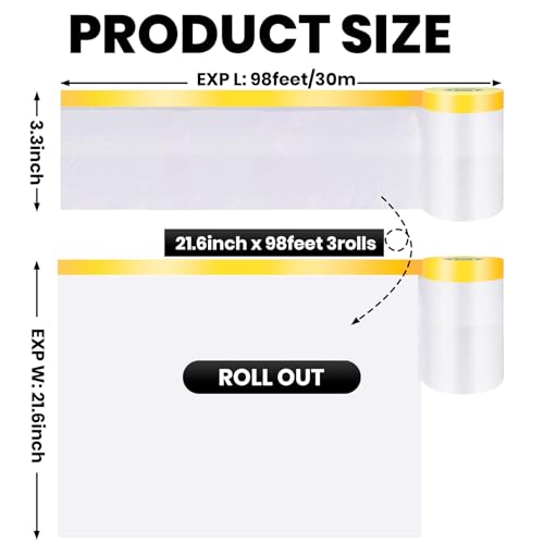 ADHES Pre Taped Masking Film with Adhesive Edge, 22 inch x 98 feet - size: 550mm x 30m-3rolls