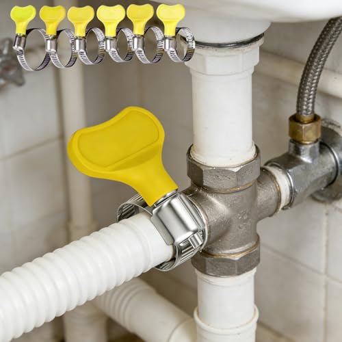 6Pcs Adjustable Hose Clamps Assortment Kit, 10-38mm Stainless Steel Worm Gear Pipe Clamps with Yellow Thumb Screw Key, Fuel Line & Tube Clip Fastener for Automotive, Plumbing, Garden, Gas Interface