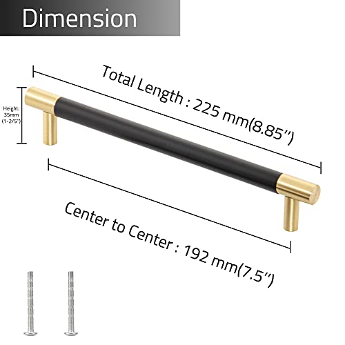 Linkaa Solid Brass Kitchen Cabinet Handles Pulls Gold Drawer Pulls with Black Plating,Dresser Knobs Black for Cupboard Bedroom (7.5 inch,5 Pack (192 mm) - size: 192 mm