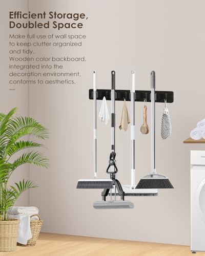 AceMining Black Broom Holder Wall Mount, 4 Holders 4 Hooks Mop Holder - color: Black, size: 1 Pack