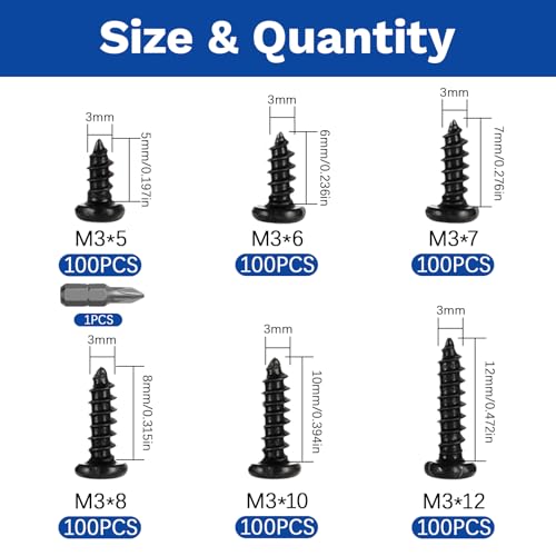 600pcs M3 Phillips Pan Head Self-Tapping Wood Screws, 6 Sizes Cross Recessed Round Head Screws Assortment Kit, Black Carbon Steel for Wood/Plastic/Soft Metal, Sharp Point - size: M3x5/6/7/8/10/12-600Pcs