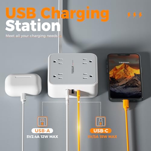TESSAN Surge Protector Power Strip with 900J Surge Protection, 5 Ft, Grey - color: Grey with Ring Plug, size: 5 feet