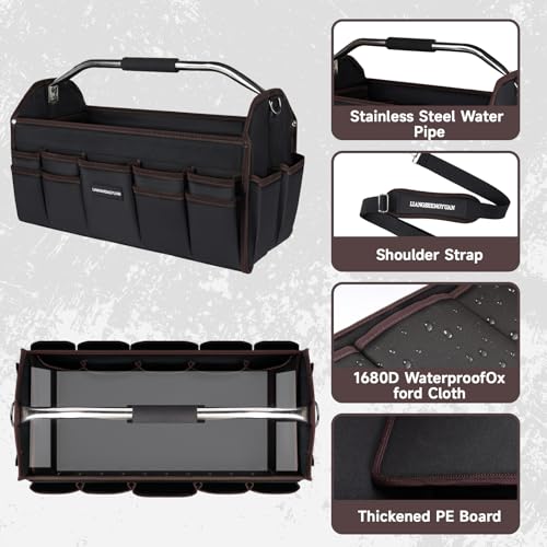 22 In Tool Carrier, Open Top Tool Tote 30 Pockets, Waterproof Tool Bag For Men, Foldable Wide Mouth Electricians Tool Bag, With Stainless Steel Handle and Removable Shoulder Strap - size: 22in