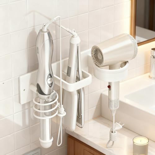 Hair Dryer Holder Wall Mounted Blow Dryer Holder Curling Iron Holder Straightener Holder 3 in 1 Bathroom Metal Hair Tool Organizer Rack（White） - color: White