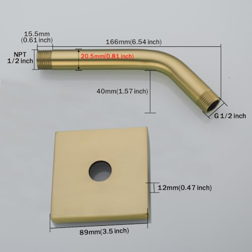 RANDOM Shower Arm with Flange,Gold 6 Inches Wall Mount Angle Shower Head Extension Arm For Fixed Shower Head Stainless Steel,Brushed Gold.RD-91018-6BG-SQ - color: 6″ Brushed Gold(Square Flange)