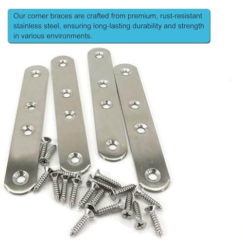 QSJ 4 Pack Flat Straight Bracket Mending Plate for Wood Stainless Steel Straight Brackets 125mm / 4.9" Wood Brace with Screws - size: Silver, 4.9 Inch