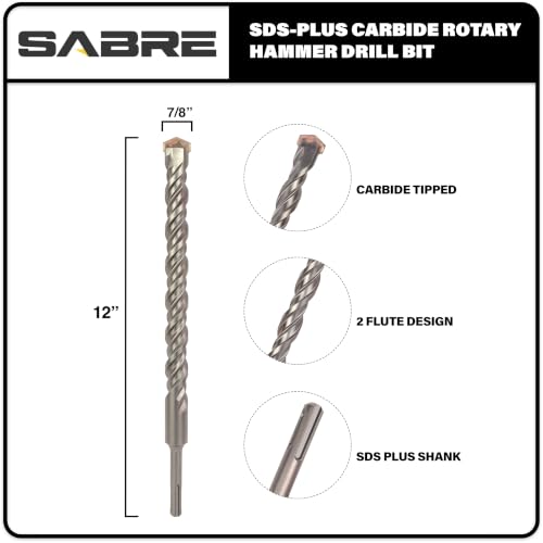 7/8 Inch x 12 Inch SDS Plus Rotary Hammer Drill Bit, Carbide Tipped for Brick, Stone, and Concrete Version 2 (7/8" x 10" x 12") - size: 7/8" x 12" Version 2