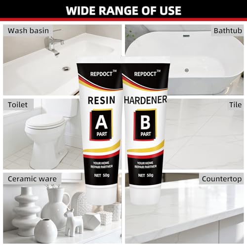 Tub Repair Kit White, Porcelain Sink Repair Kit for Fiberglass, Acrylic | Fix Chips, Cracks, Scratches & Holes in Bathtub, Toilet, Shower, Ceramic Tile, Enamel