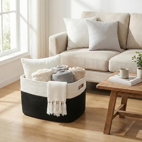 JMvicyroam 65L Large Woven Cotton Rope Blanket Basket, White&Black - color: White&Black, size: 65L