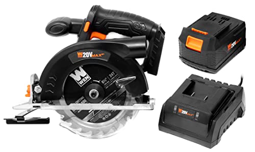 WEN Cordless Circular Saw, 6.5-Inch Blade with 20V Max 4.0 Ah Lithium-Ion Battery and Charger (20625)