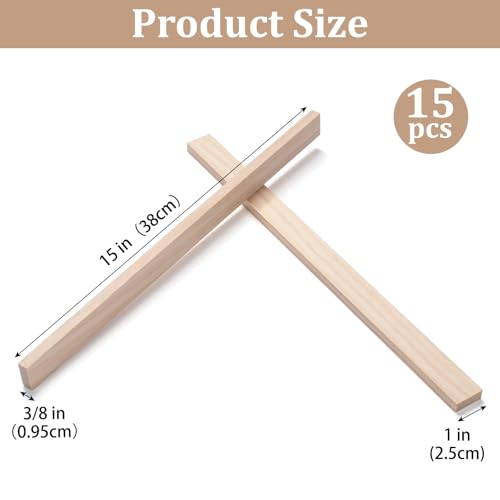 Wooden Dowels for Crafts, Wood Strips Wood Trim Slats for Wall 3/8" × 1" × 15", 15 PCS Square Dowel Rods Wooden Sticks for Crafts, Unfinished Hardwood Sticks Flat Lumber Boards for Woodworking - size: 3/8x1x15 in - 15PCS