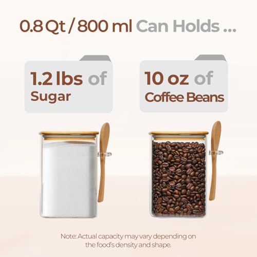 ComSaf Glass Container with Spoon & Lid 0.8 Qt, 4 Pack Glass jar with spoon | Coffee and Sugar Container Set, Coffee Bar, Salt Jar, Bamboo Lid with Silicone Seal, Spice, Seasoning Canister, BPA Free - size: 0.8Qt*4