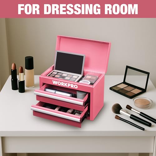 WORKPRO Metal Mini Tool Box with 2 Drawers and Top Storage - color: Pink