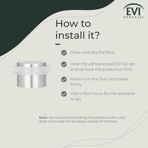 EVI Herrajes | Adhesive Door Stopper - Solid Stainless Steel - White Rubber Protector - W=0.94 x H=0.79 Inch Door Stop - color: Stainless Steel - White Rubber