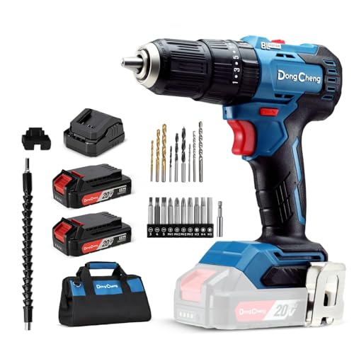 Dong Cheng 20V Brushless Heavy-duty Impact Drill, 443 in-lbs, 27000 IPM, 1/2" Keyless Metal Chuck, 20+1+1 Clutch, Cordless Hammer Drill with 2 Battery Kit for Drilling Brick Wall, Metal, Wood - style: 443in-lbs Impact Drill