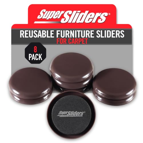Super Sliders 2-1/2" Round Reusable Furniture Sliders for Carpet, Anti-Slip Protective Furniture Moving Pads for Beds, Sofas, Dressers, Set of 8, Brown
