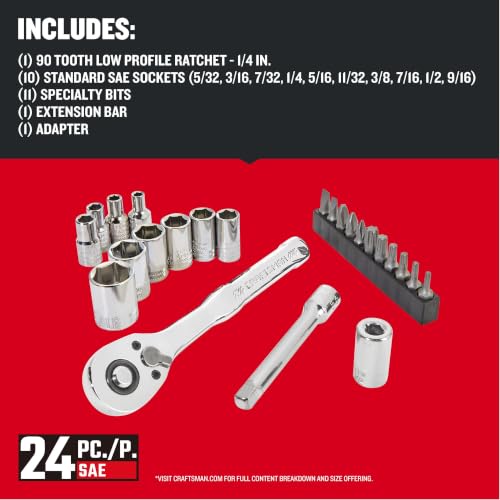 CRAFTSMAN Mechanics Tool Set, 24 Piece, 1/4 Inch Drive SAE, 90-Tooth (CMMT12109LZ) - style: NEW SAE Set