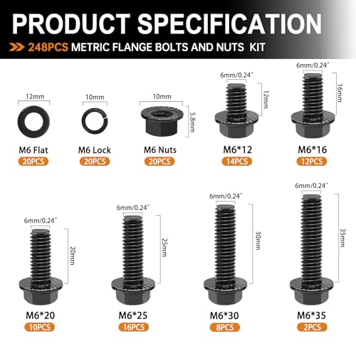 mankk 248PCS Metric Flange Hex Bolts and Nuts Kit M6x1.0 Bolt (12mm to 35mm) Grade 10.9 Black Alloy Steel Class Hex Bolts and Nuts Washers Kit for Automotive - color: Black-248PCS M6