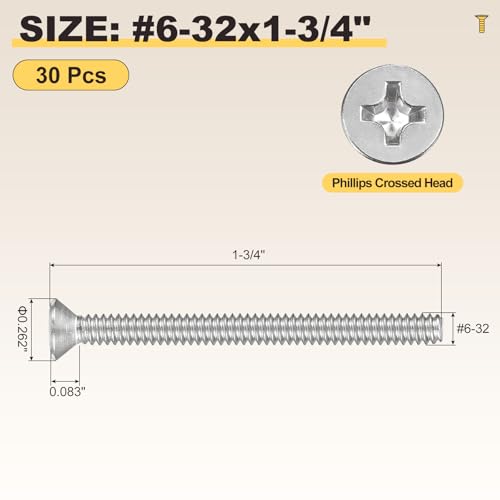 METALLIXITY #6-32x1-3/4 Phillips Flat Head Bolts 304 Silver 30Pcs - color: Silver, size: #6-32x1-3/4"