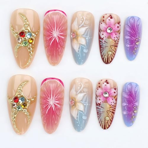 LPOODDNU 3D Colorful Flower Press on Nails - Almond Medium Fake Nails with Rose Pink Gradient Gold Bead Designs, Glossy Finish Reusable False Nails with Glue Tabs - 24Pcs Nail Kit for Women Manicure - color: colorful gold 3d flower