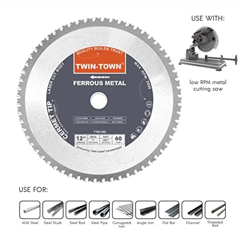 TWIN-TOWN 12-Inch 60 Teeth Steel and Ferrous Metal Cermet Saw Blade with 1-Inch Arbor - size: 12" 60T medium steel