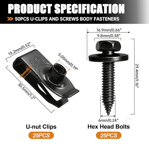 mankk 50PCS 1/4 U-Nut Clips and Fender Bolts Kit Automotive Body Fasteners - color: Black-1/4 Kit