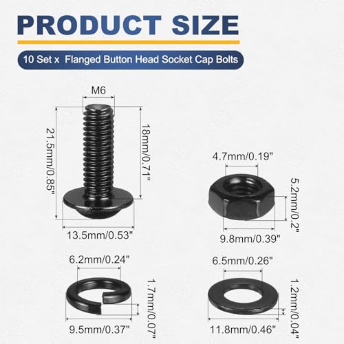 M METERXITY 10 Set M6 x 18mm Flanged Button Head Socket Cap Screws, Black 304 Stainless Steel 18-8 Hex Socket Head Screws Bolts, Nuts, Flat & Lock Washers for DIY, Furniture, Automotive - size: M6 x 18mm