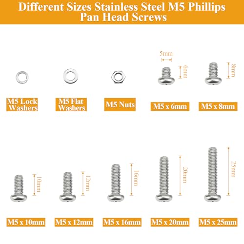 245 Pieces M5 Machine Screws Nuts Washers Set, Sutemribor M5 x 6/8/10/12/16/20/25mm Phillips Pan Head Machine Screws Nuts Washers Assortment Kit, 304 Stainless Steel, Fully Threaded - size: M5, style: Phillips Pan Head