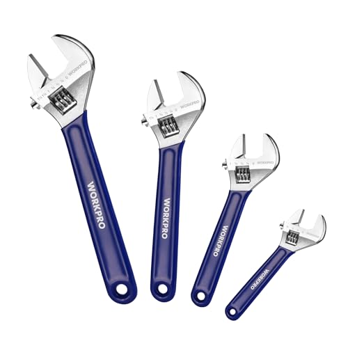 WORKPRO 4-Piece Wide Jaw Adjustable Wrench Set, 6"-12", Chrome Plated - color: Blue